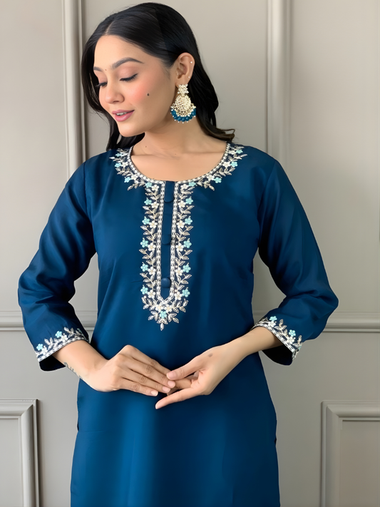Elegant Navy Blue Embroidered Kurta Set