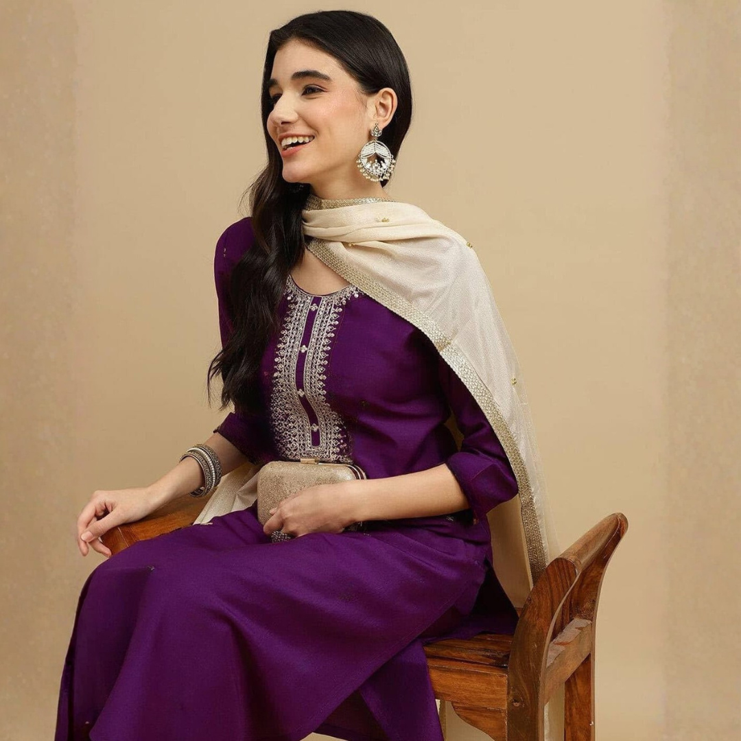 Elegant Purple Embroidered Kurta Set with Floral Organza Dupatta