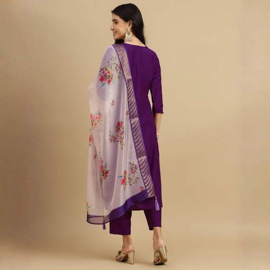 Elegant Purple Embroidered Kurta Set with Floral Organza Dupatta