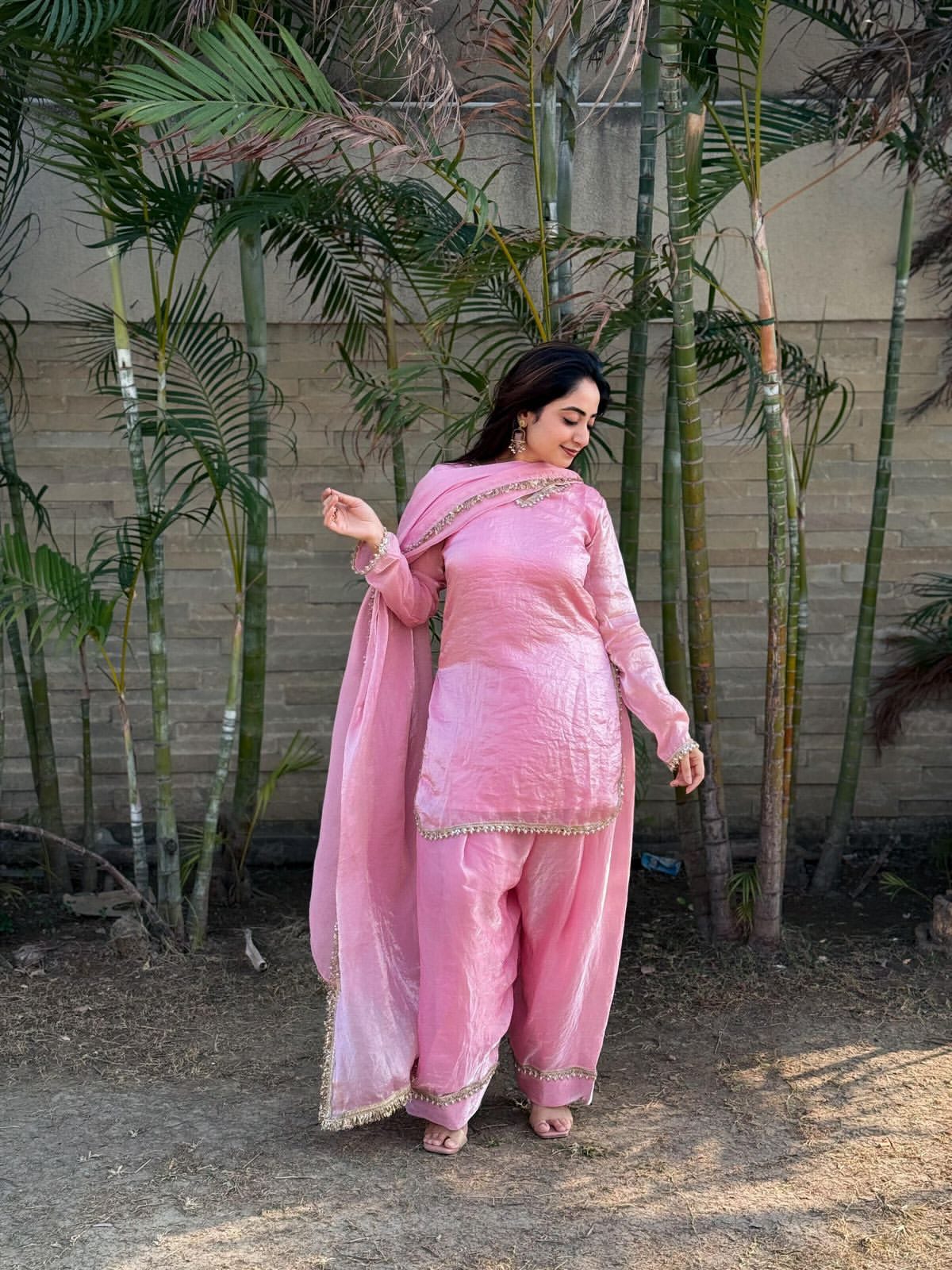 Elegant Pink Embroidered Straight Kurta Palazzo Set with Dupatta