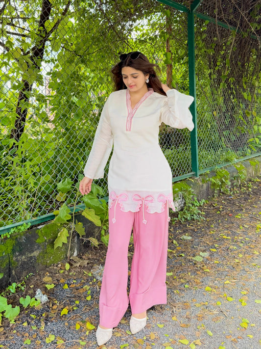 Elegant White & Pink Embroidered Kurta Palazzo Set for Women