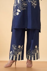 Navy Blue Floral Printed Kurta Palazzo Set