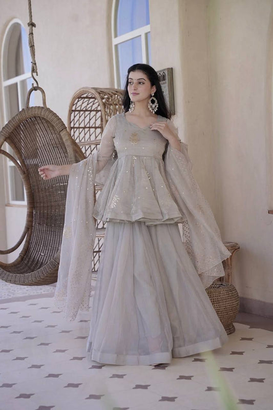 Ivory Grey Embroidered Peplum Sharara Set with Organza Dupatta