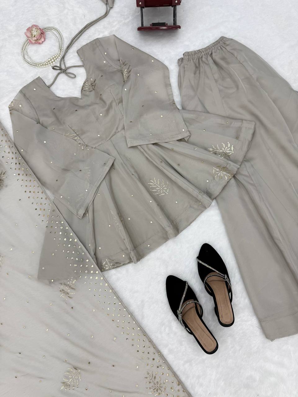 Ivory Grey Embroidered Peplum Sharara Set with Organza Dupatta