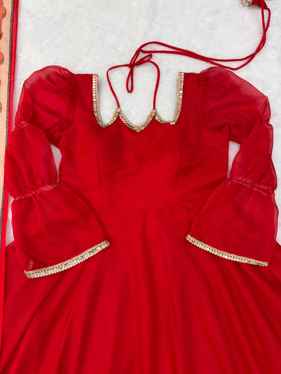 Ruby Red Anarkali Gown Set with Printed Organza Dupatta