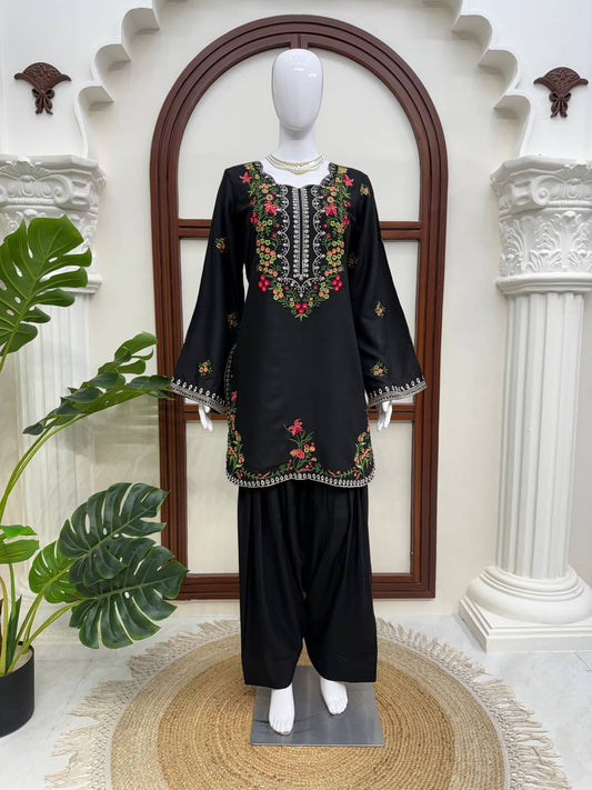 Midnight Black Floral Embroidered Kurta Set