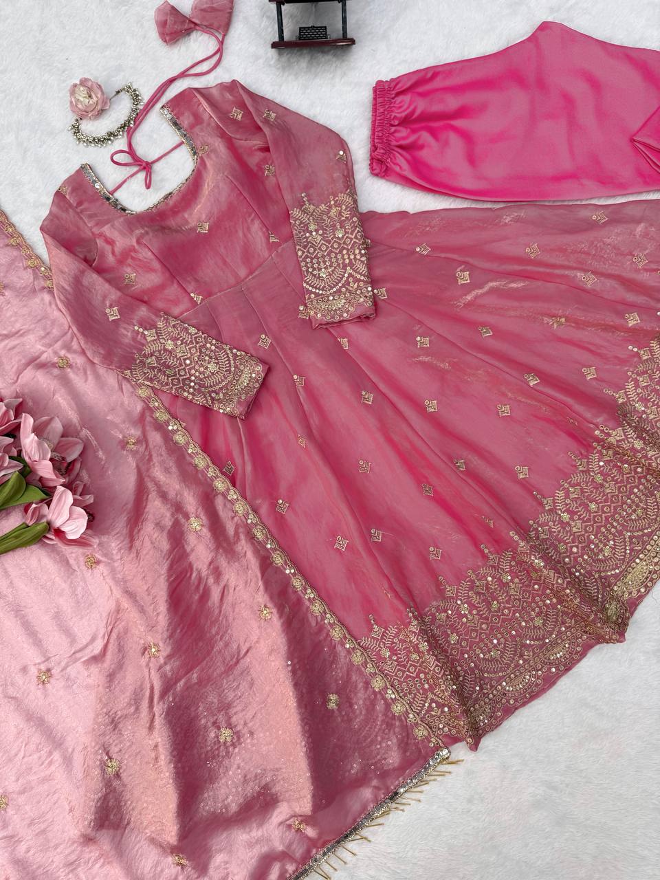 Premium Pink Embroidered Anarkali Suit Set with Dupatta