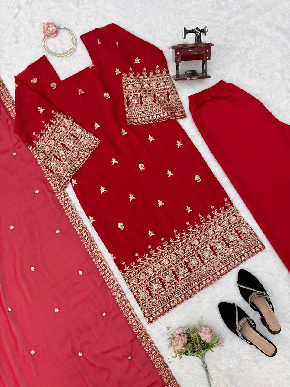 Premium Red Embroidered Straight Kurta Set with Dupatta