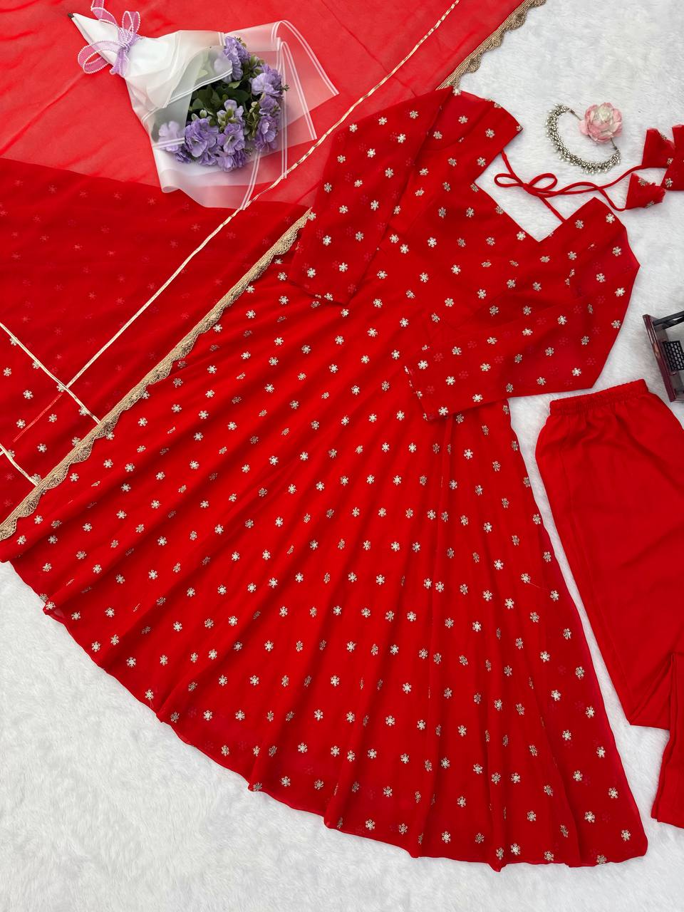 Premium Red Embroidered Anarkali Suit Set with Dupatta