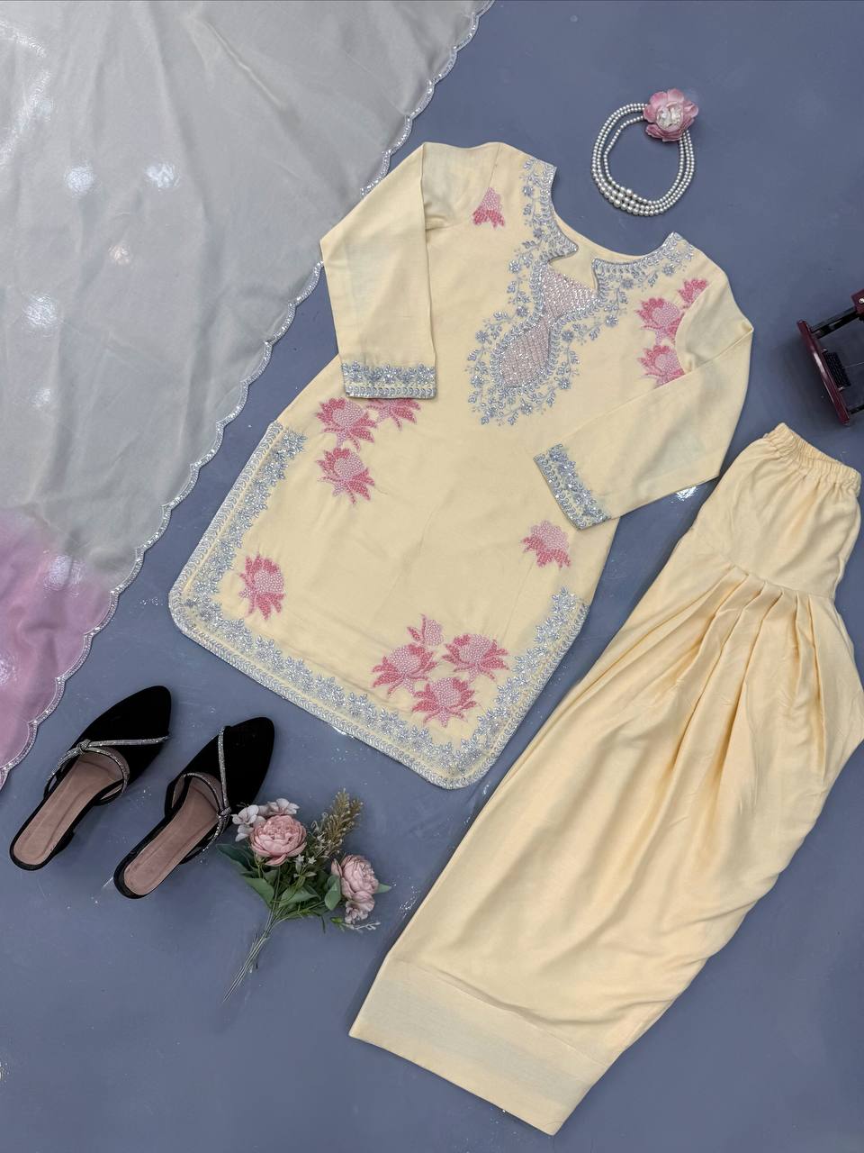 Premium Cream Embroidered Kurta Palazzo Set with Dual-Tone Dupatta