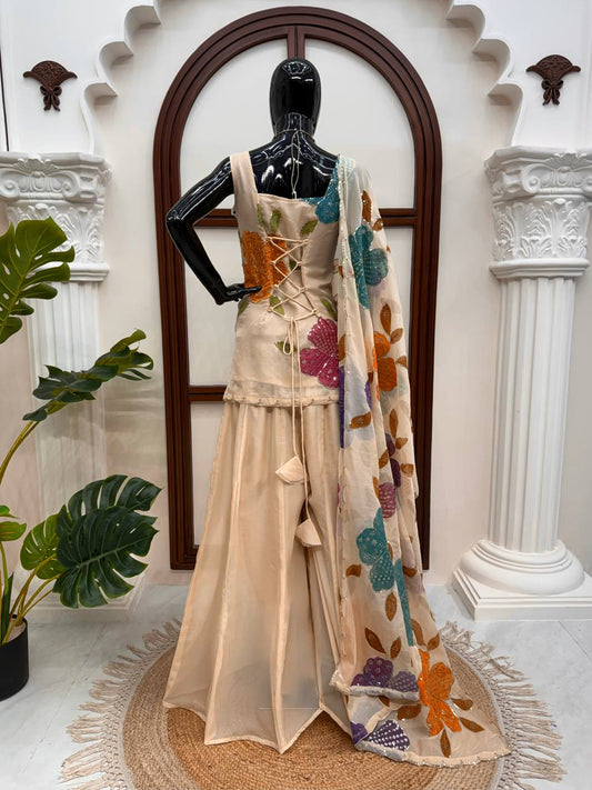 Premium Beige Floral Embroidered Palazzo Set with Organza Dupatta