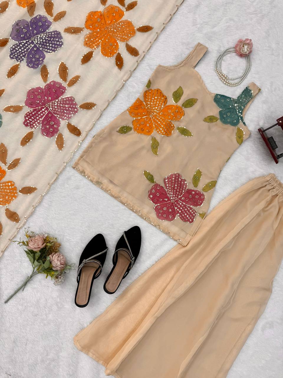 Premium Beige Floral Embroidered Palazzo Set with Organza Dupatta