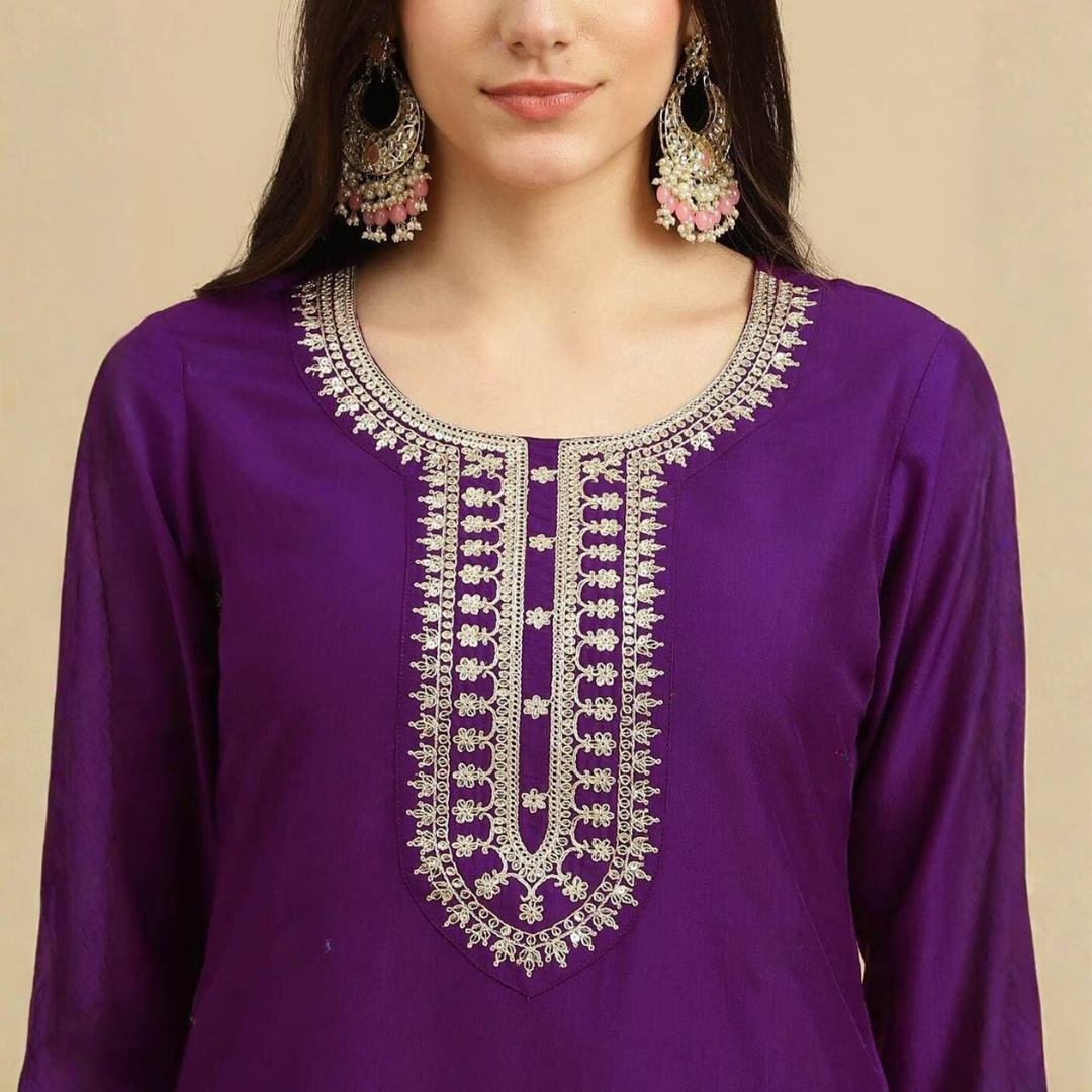 Elegant Purple Embroidered Kurta Set with Floral Organza Dupatta
