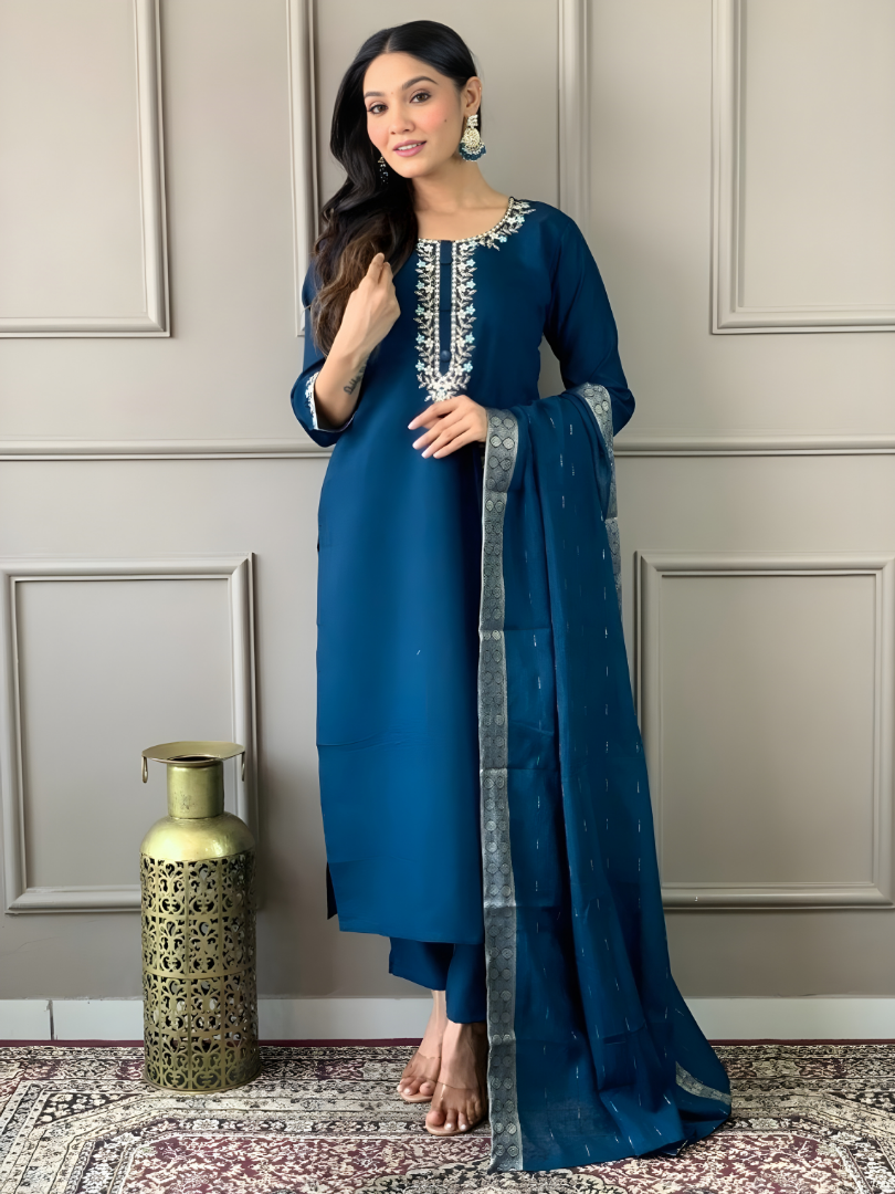 Elegant Navy Blue Embroidered Kurta Set