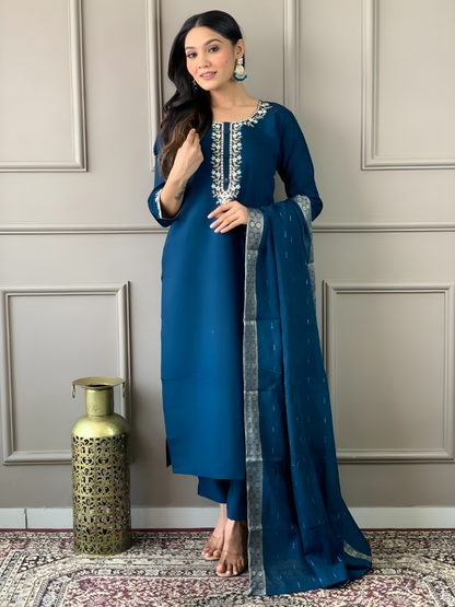 Elegant Navy Blue Embroidered Kurta Set