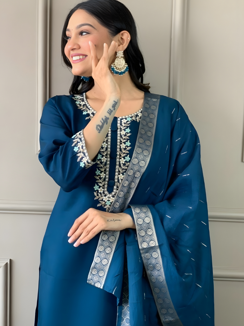 Elegant Navy Blue Embroidered Kurta Set