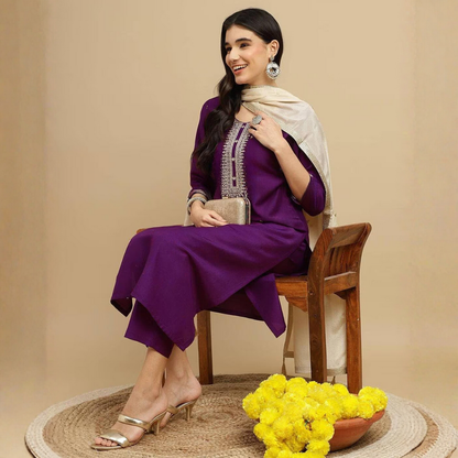 Elegant Purple Embroidered Kurta Set with Floral Organza Dupatta