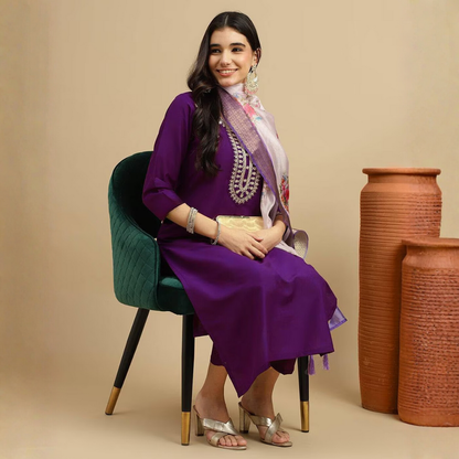 Elegant Purple Embroidered Kurta Set with Floral Organza Dupatta