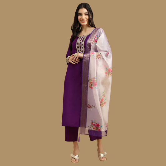 Elegant Purple Embroidered Kurta Set with Floral Organza Dupatta