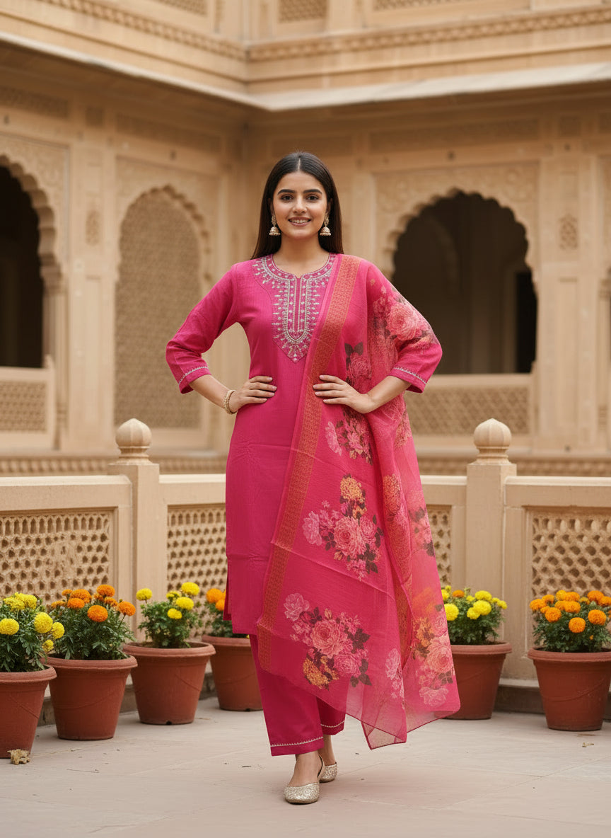 Elegant Pink Floral Embroidered Kurta Set