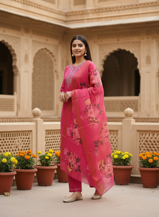 Elegant Pink Floral Embroidered Kurta Set