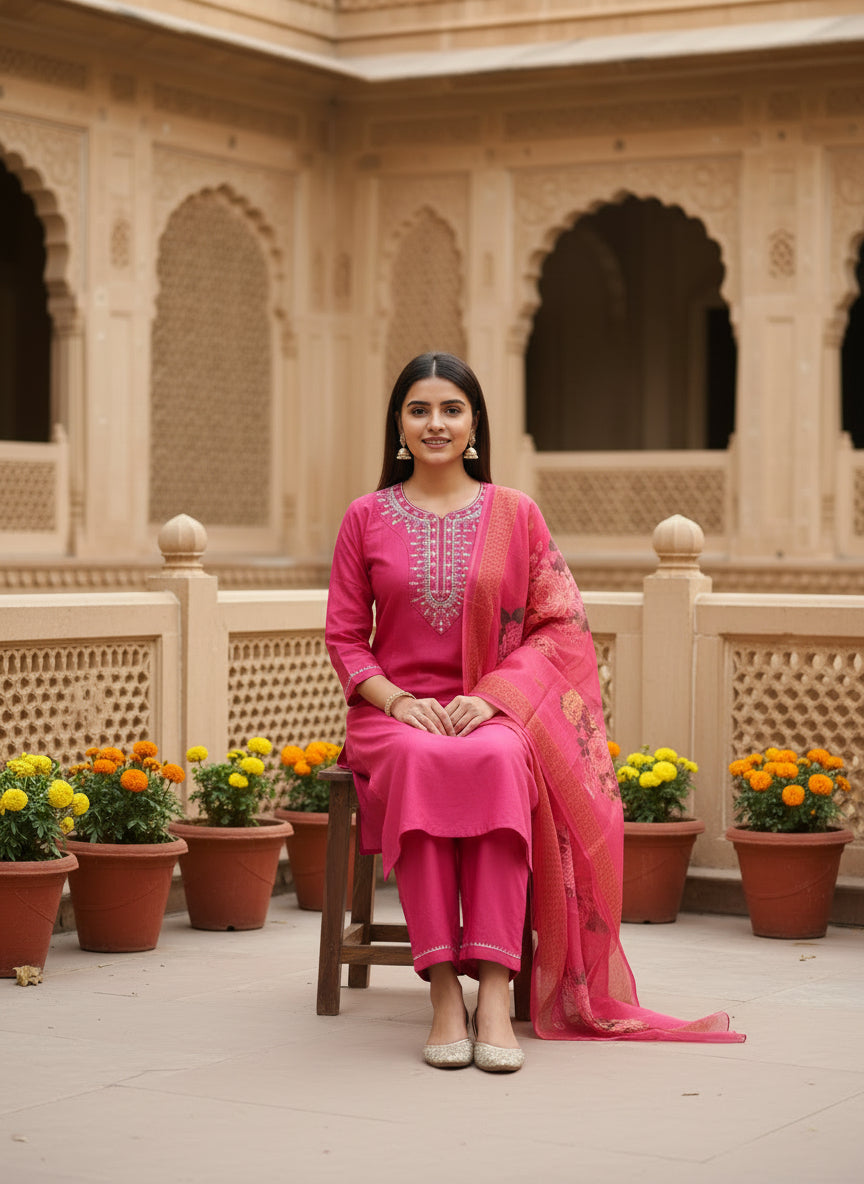 Elegant Pink Floral Embroidered Kurta Set