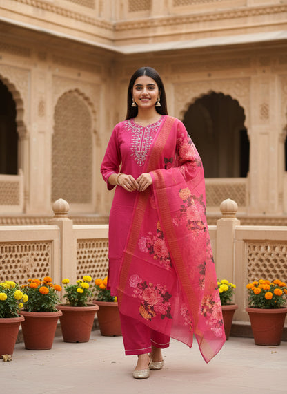 Elegant Pink Floral Embroidered Kurta Set