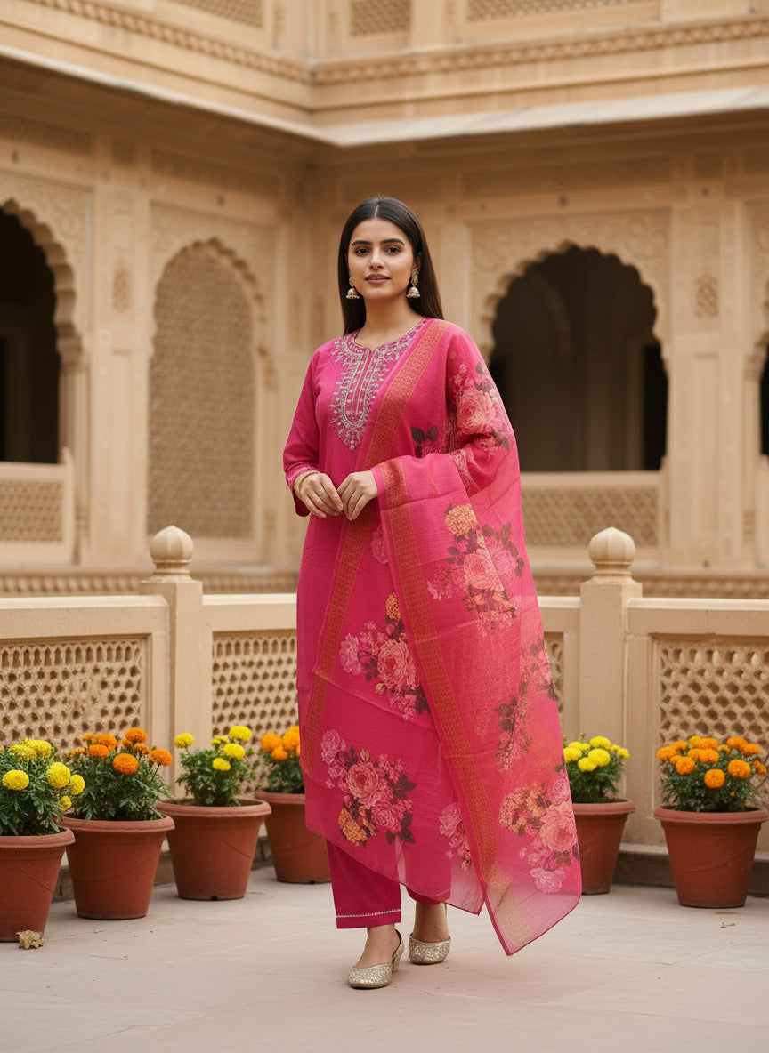 Elegant Pink Floral Embroidered Kurta Set