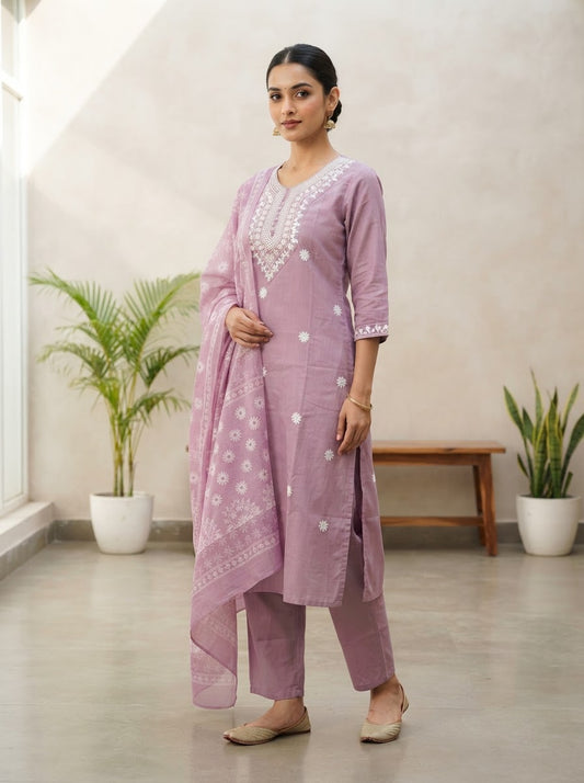 Elegant Lavender Embroidered Kurta Set