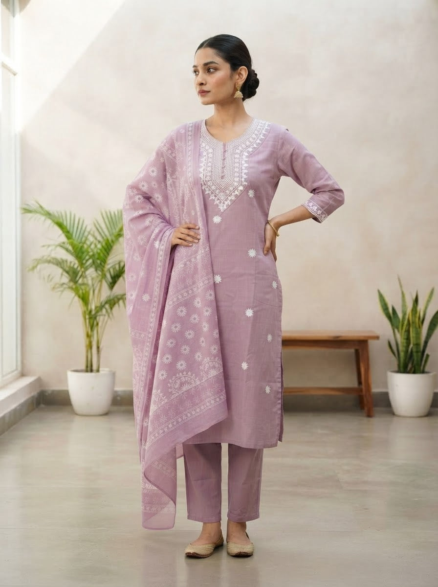 Elegant Lavender Embroidered Kurta Set