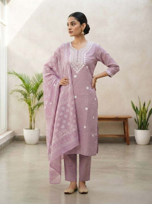Elegant Lavender Embroidered Kurta Set