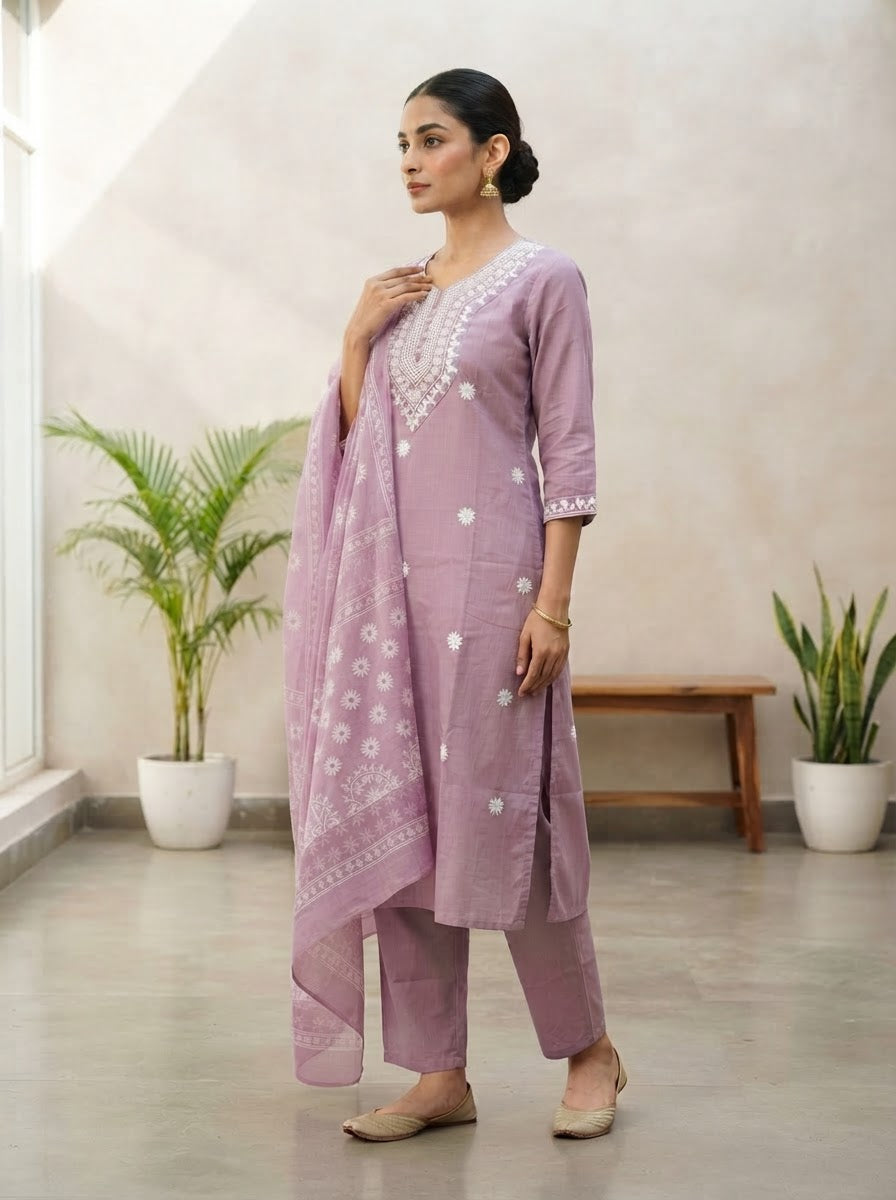 Elegant Lavender Embroidered Kurta Set