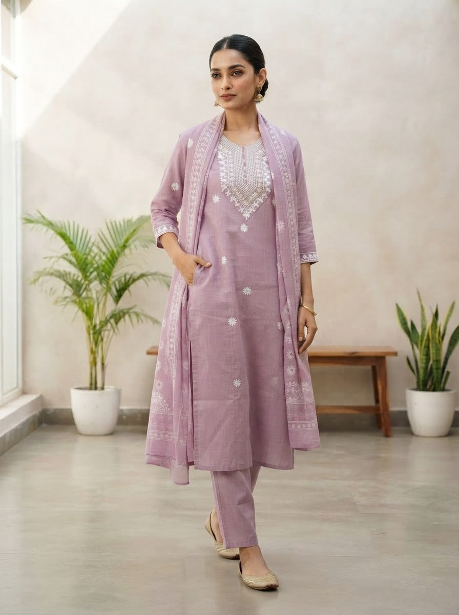 Elegant Lavender Embroidered Kurta Set
