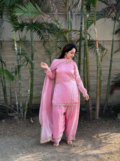 Elegant Pink Embroidered Straight Kurta Palazzo Set with Dupatta