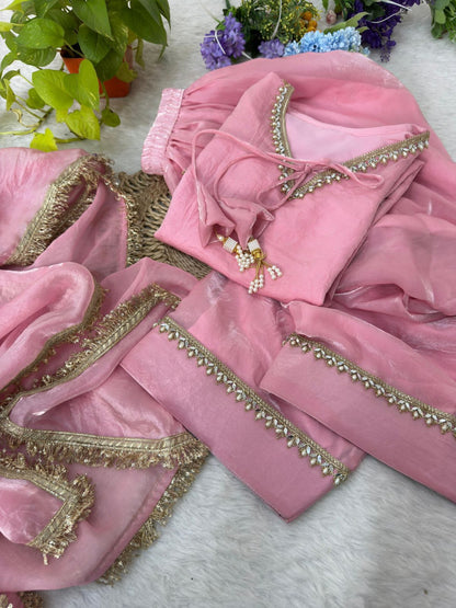 Elegant Pink Embroidered Straight Kurta Palazzo Set with Dupatta