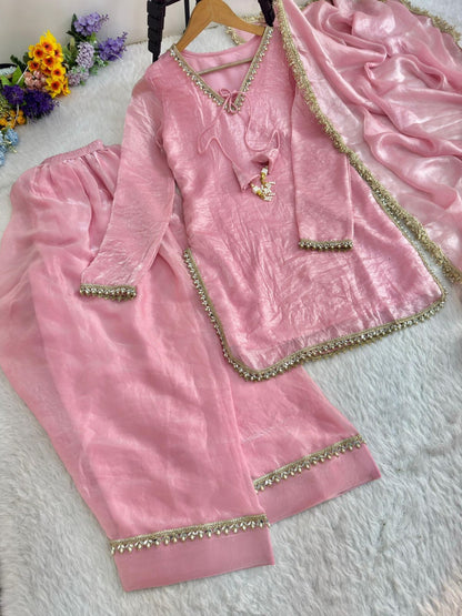Elegant Pink Embroidered Straight Kurta Palazzo Set with Dupatta