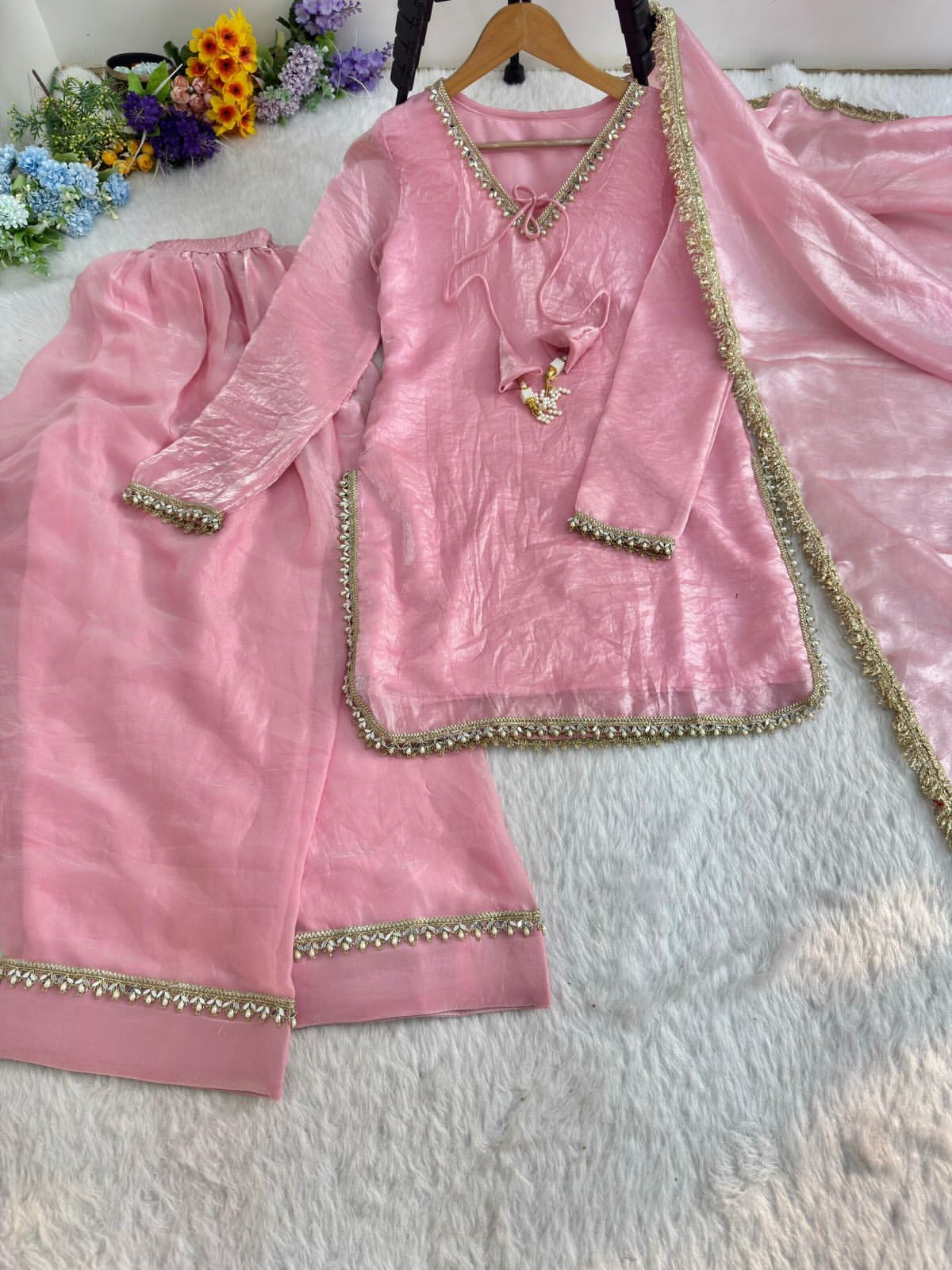 Elegant Pink Embroidered Straight Kurta Palazzo Set with Dupatta