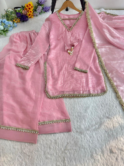 Elegant Pink Embroidered Straight Kurta Palazzo Set with Dupatta