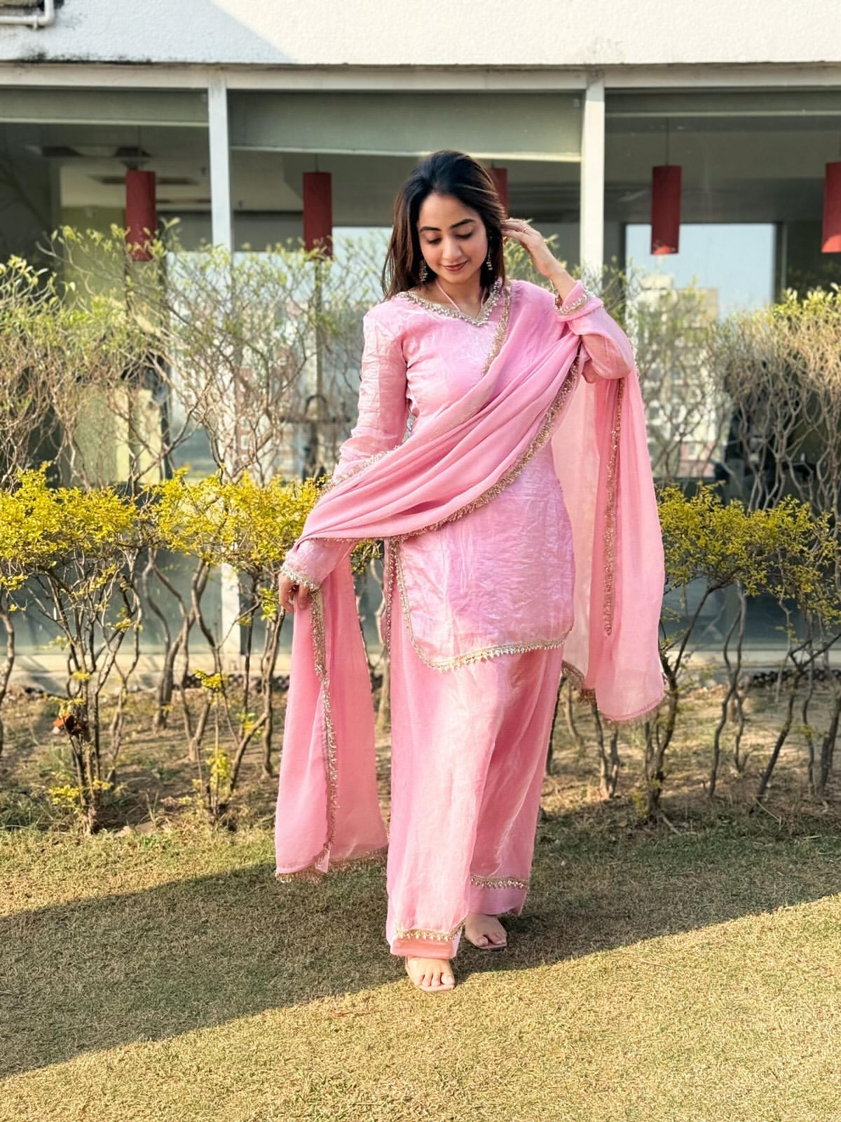 Elegant Pink Embroidered Straight Kurta Palazzo Set with Dupatta