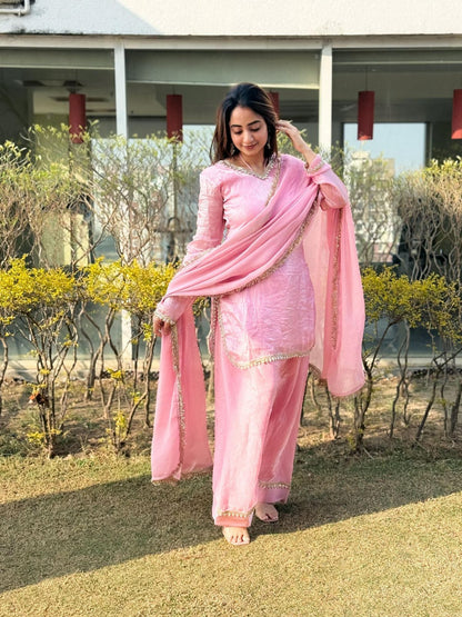 Elegant Pink Embroidered Straight Kurta Palazzo Set with Dupatta