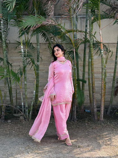 Elegant Pink Embroidered Straight Kurta Palazzo Set with Dupatta