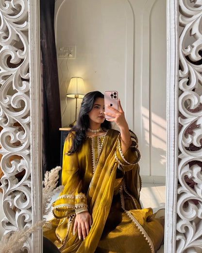 Royal Mustard Gold Embroidered Anarkali Suit Set with Dupatta