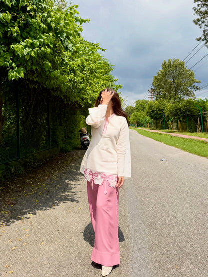 Elegant White & Pink Embroidered Kurta Palazzo Set for Women