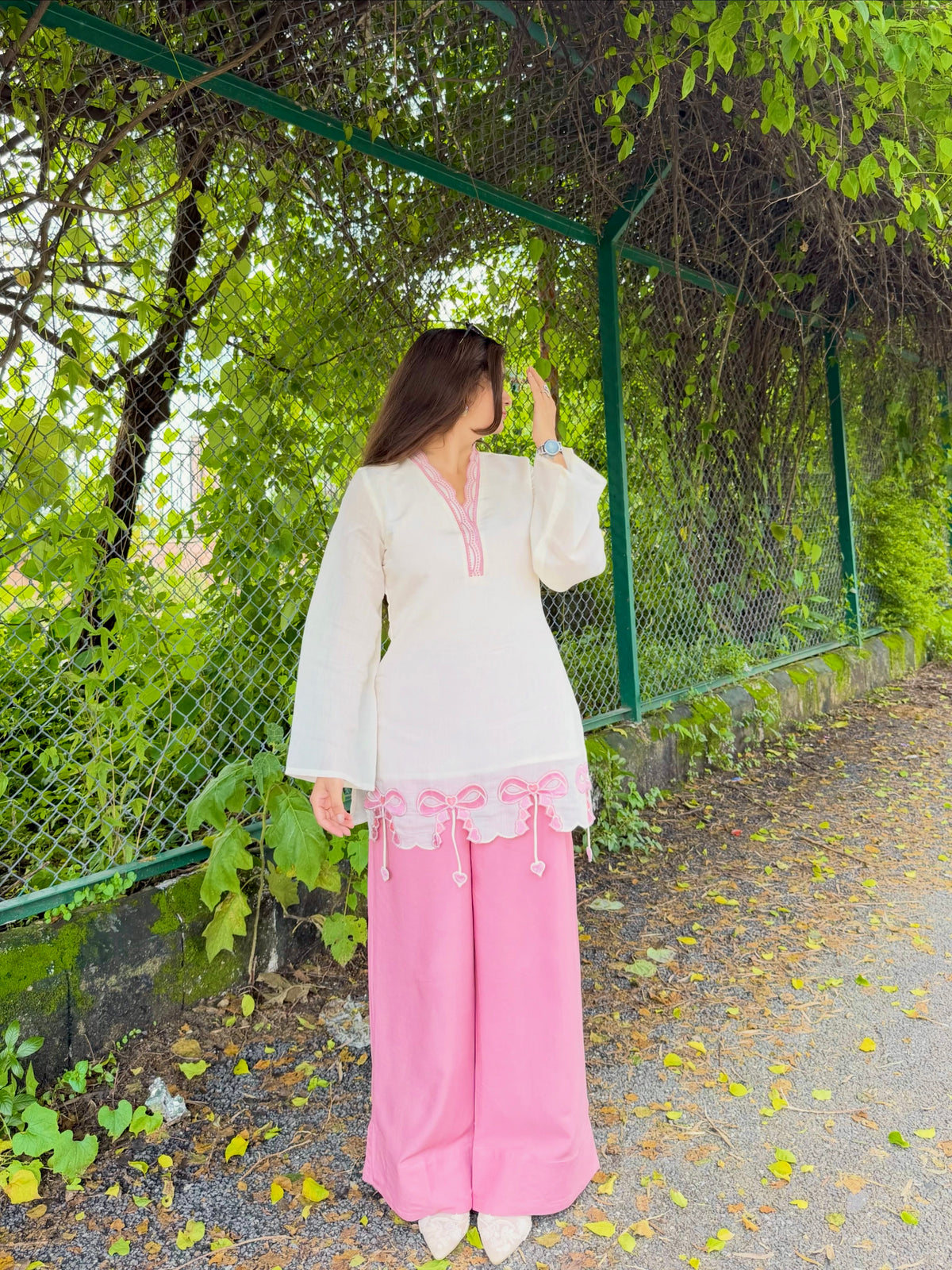 Elegant White & Pink Embroidered Kurta Palazzo Set for Women