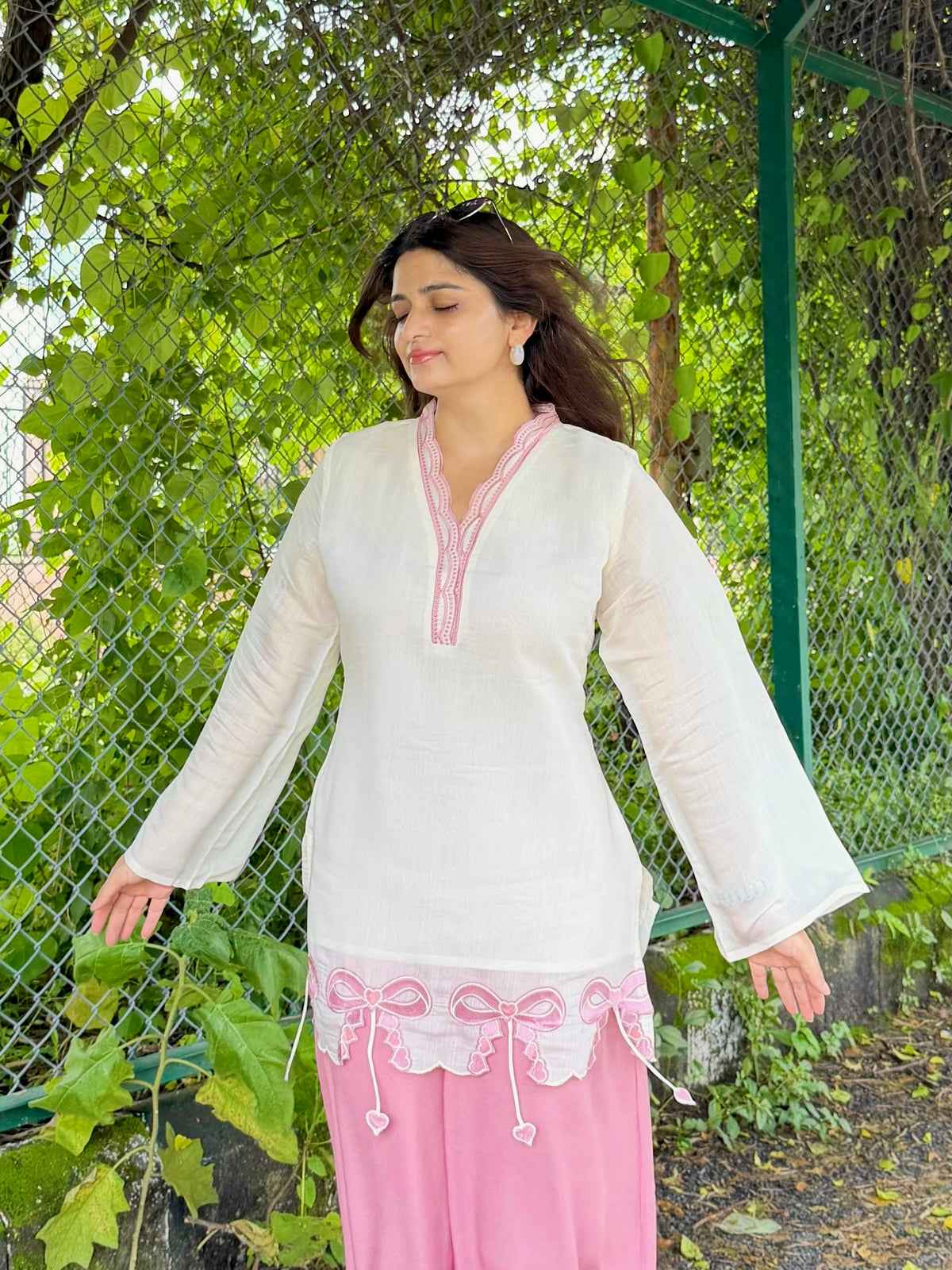 Elegant White & Pink Embroidered Kurta Palazzo Set for Women