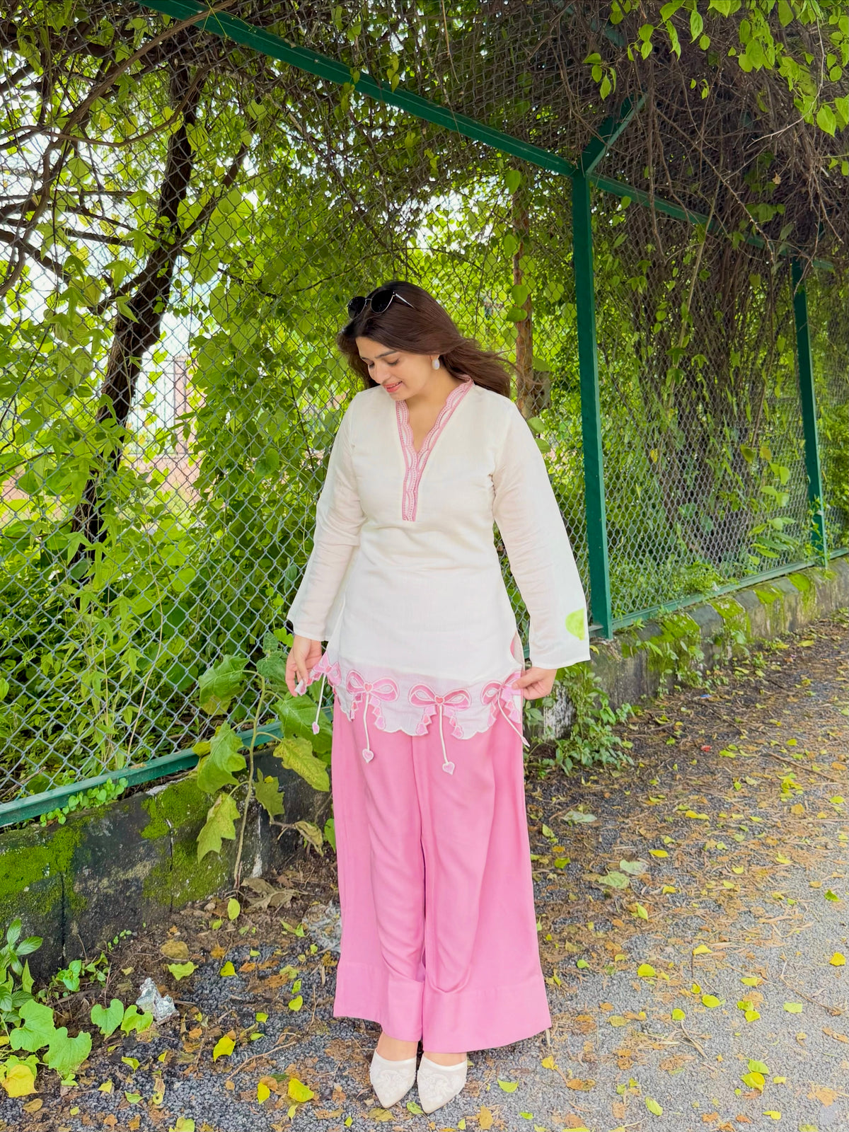 Elegant White & Pink Embroidered Kurta Palazzo Set for Women