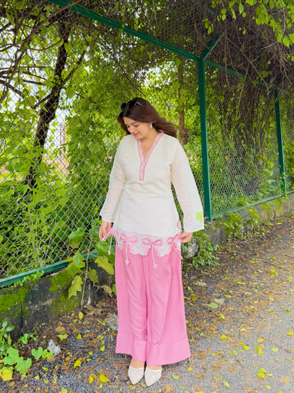 Elegant White & Pink Embroidered Kurta Palazzo Set for Women