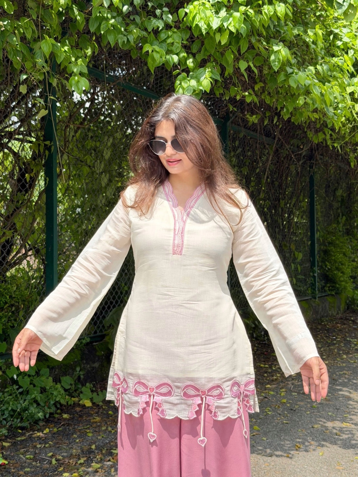 Elegant White & Pink Embroidered Kurta Palazzo Set for Women