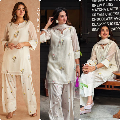 Elegant Ivory Floral Embroidered Cotton Kurta Set with Dupatta