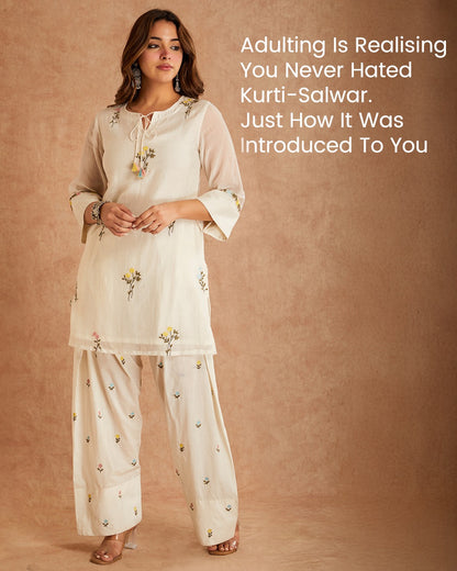 Elegant Ivory Floral Embroidered Cotton Kurta Set with Dupatta